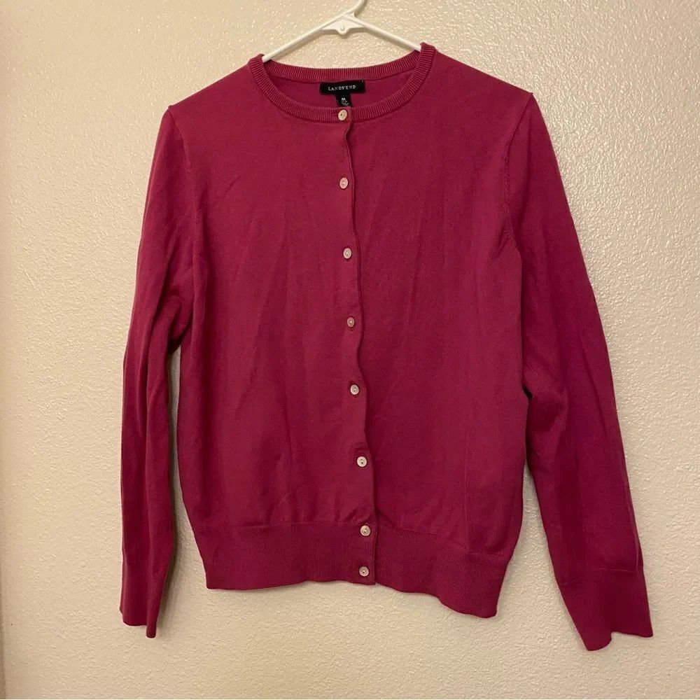 Lands End cotton nylon button up cardigan sweater School uniform pink womans M